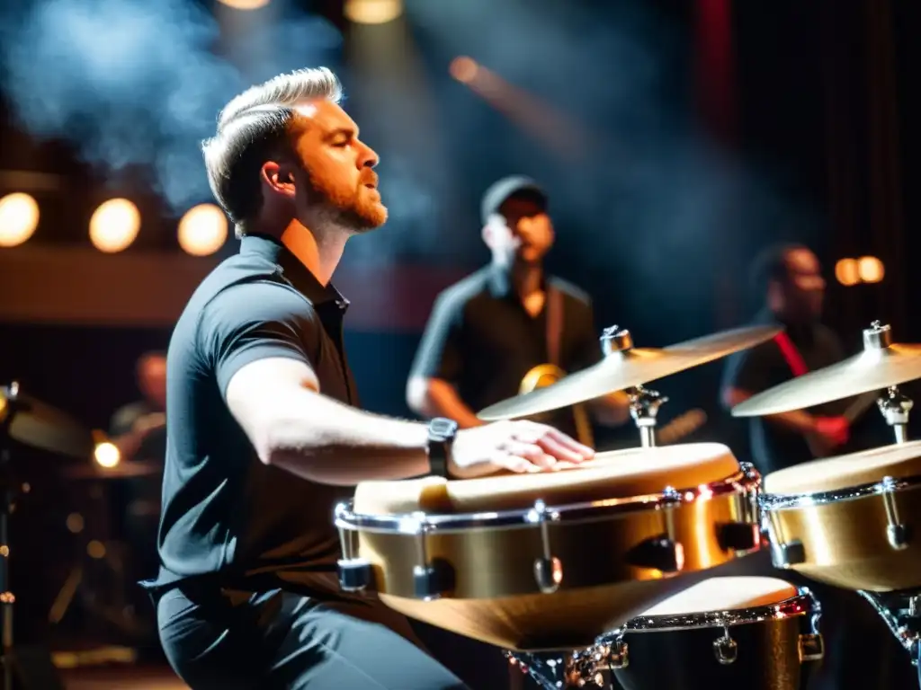 Un percusionista profesional tocando el pandero con precisión y energía en un escenario con otros músicos al fondo