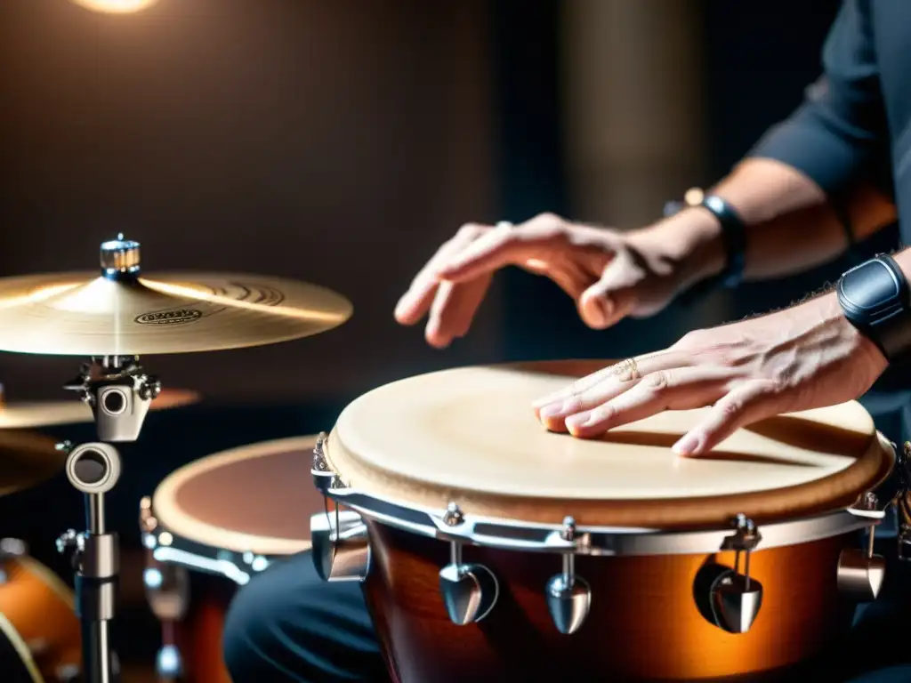 Un percusionista profesional demostrando técnicas de tamborileo en un ambiente de estudio con músicos de diferentes géneros