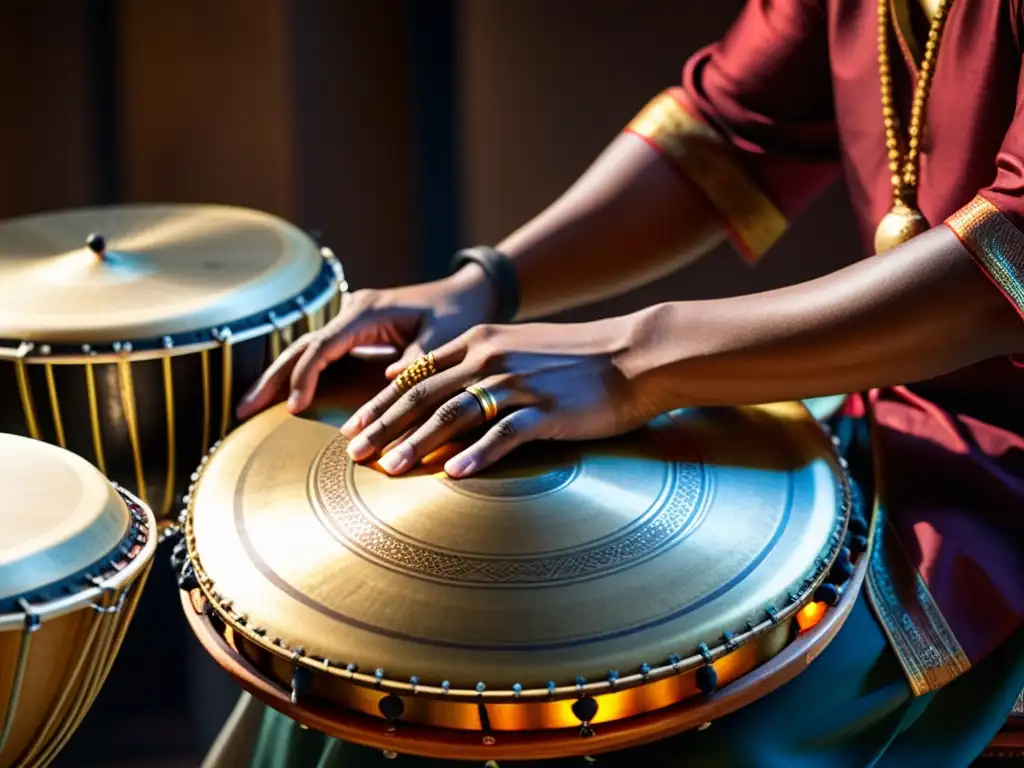 Un percusionista talentoso ejecuta percusiones exóticas con detalle y pasión en una orquesta sinfónica, fusionando lo clásico con lo exótico