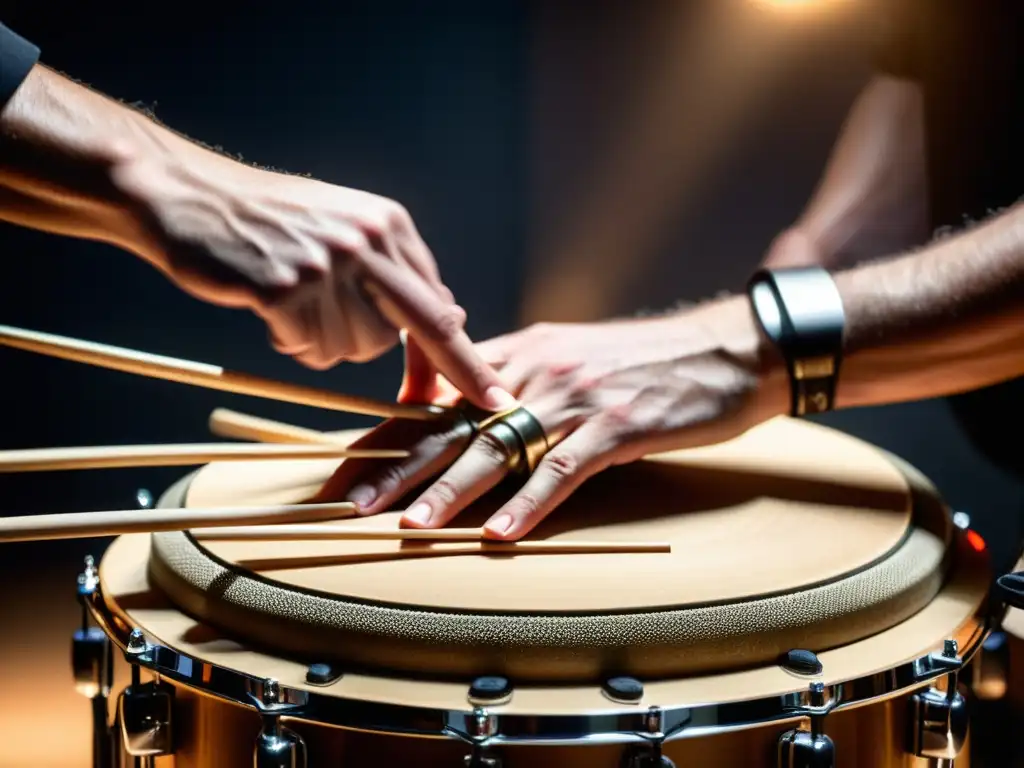 Un percusionista ejecuta técnicas experimentales de percusión, creando una composición dinámica y llena de energía