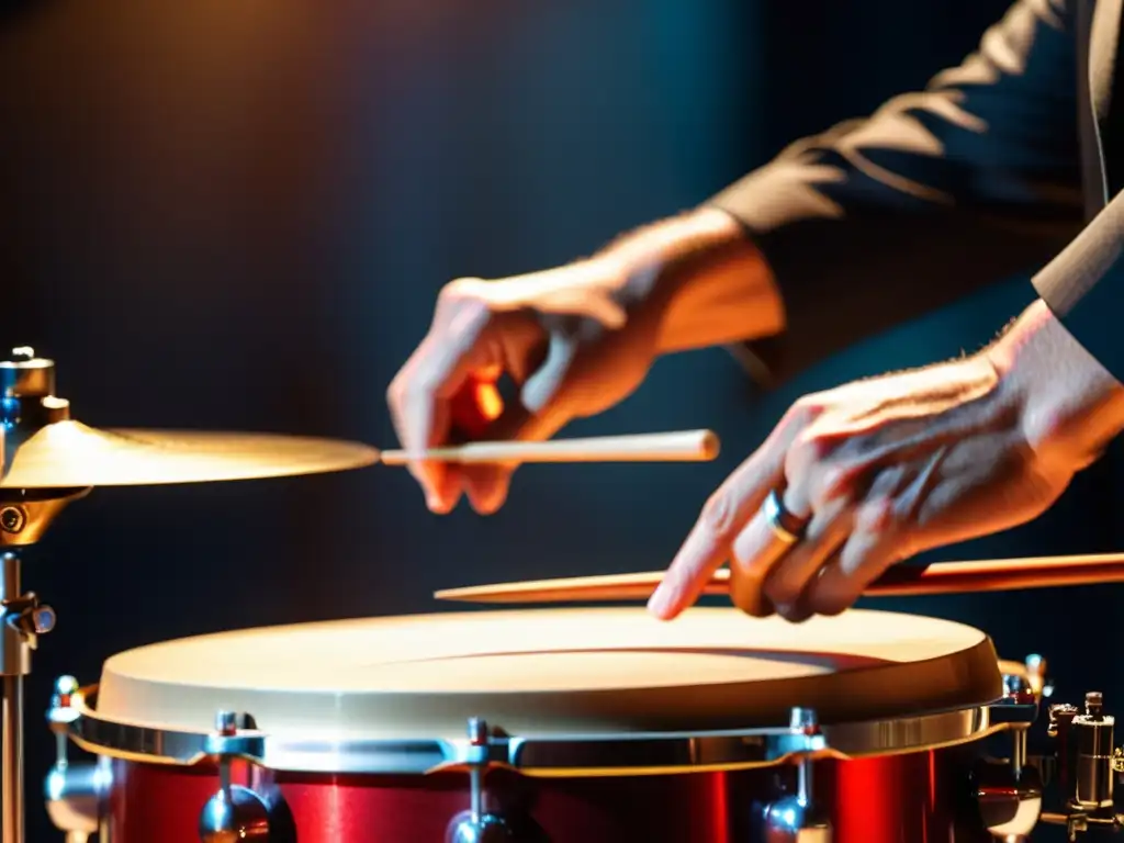 Un percusionista hábil muestra técnicas intricadas de timbales en un apasionante concierto de jazz latino