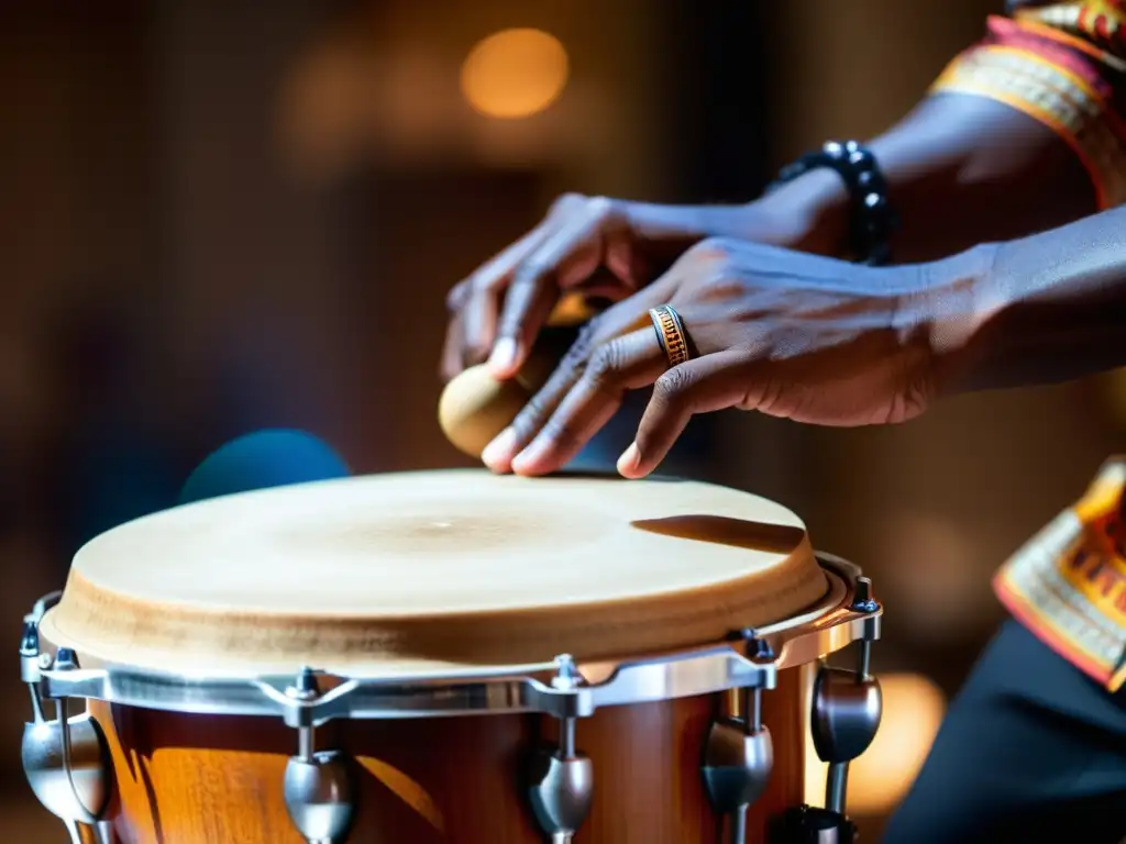 Un percusionista ejecuta técnicas de mano para bongos con destreza, expresando la esencia de la maestría en percusión afrocubana