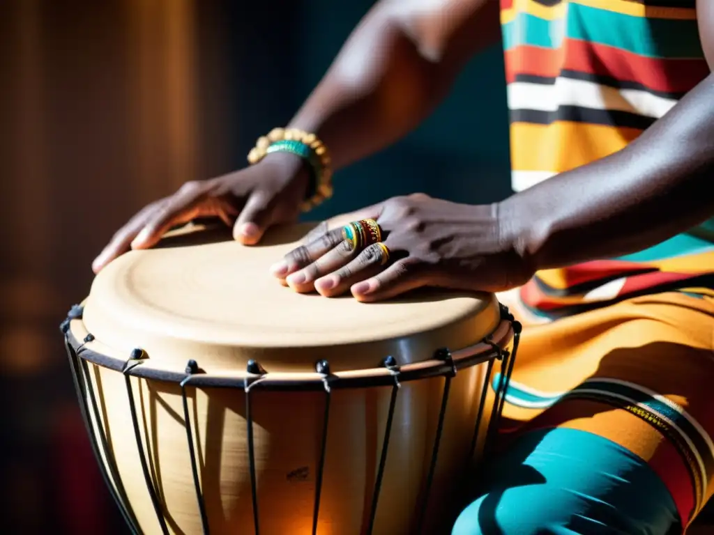 Un percusionista ejecuta técnicas de percusión en Afrobeat con pasión y energía, tocando djembes en un ambiente vibrante y dinámico