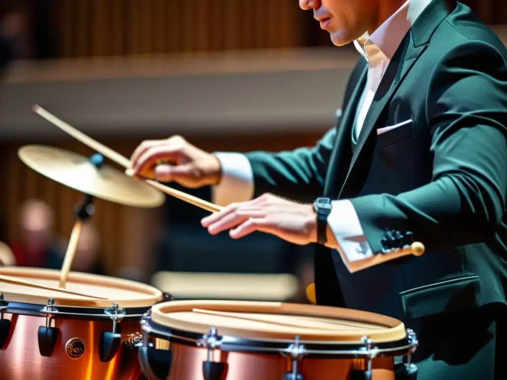 Un percusionista de timbales en acción durante una actuación sinfónica, destacando sus técnicas y expresión