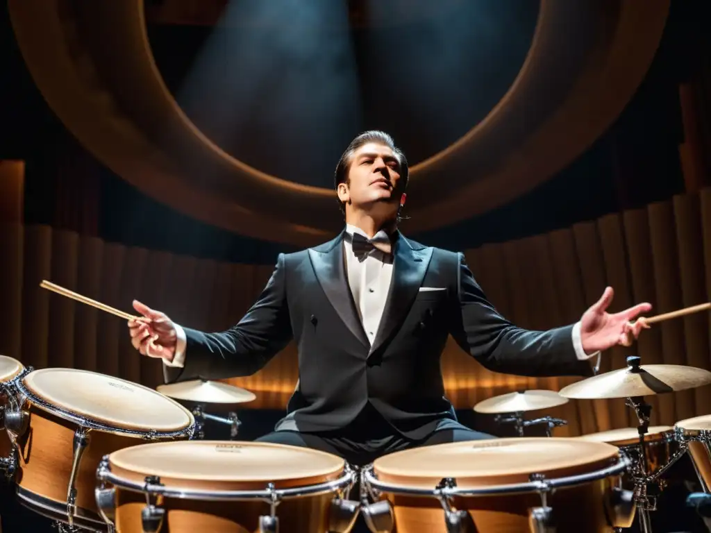 Apasionado percusionista de ópera golpea con precisión Un percusionista de ópera, vestido de esmoquin negro, tocando con pasión timbales, mostrando determinación