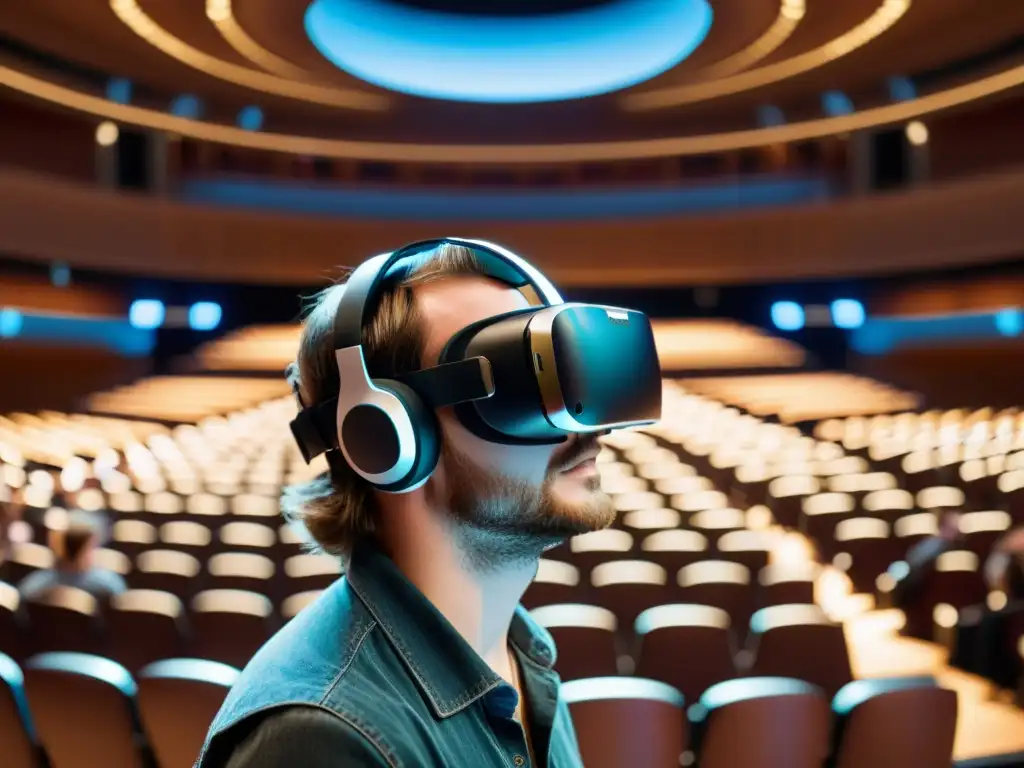 Persona asombrada usando visor de realidad virtual, reflejando sala de concierto llena de público