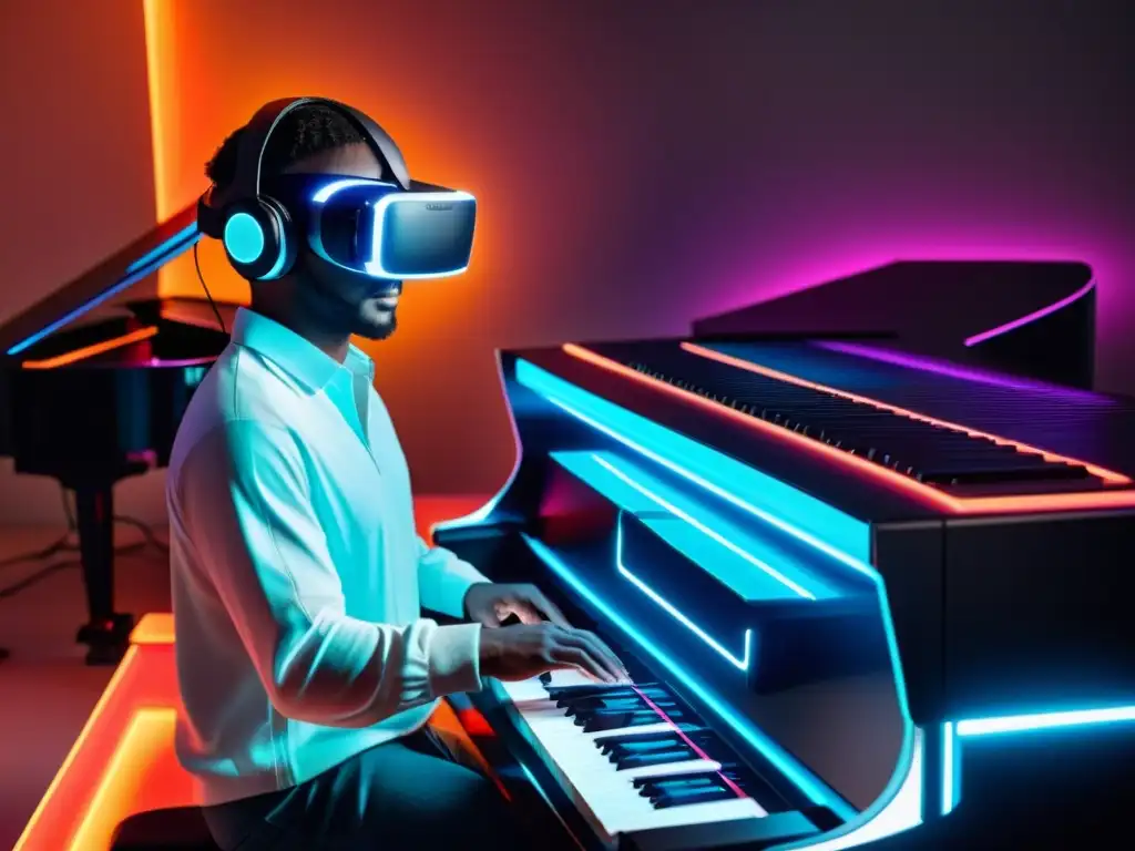 Persona con auriculares de realidad virtual tocando un piano digital en un entorno virtual futurista con luces de neón