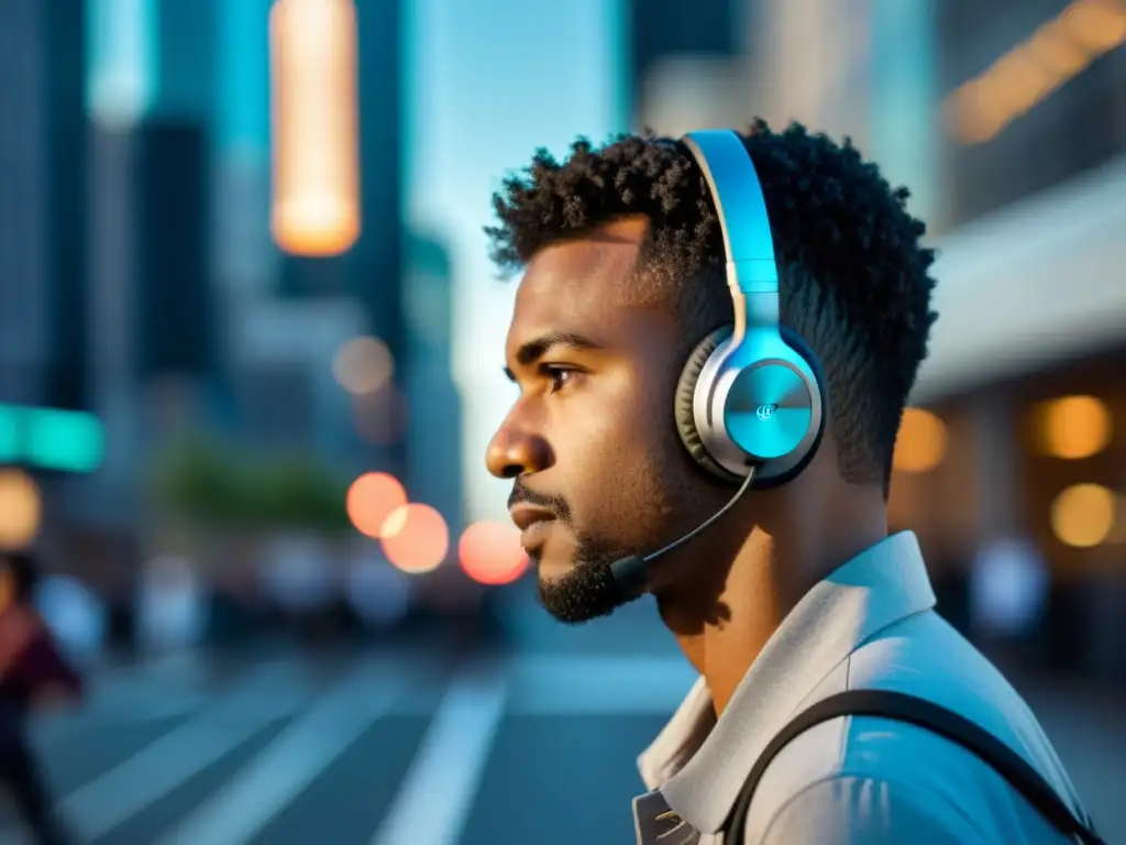 Persona con auriculares de reducción de ruido en entorno urbano, tecnología que mejora la experiencia auditiva