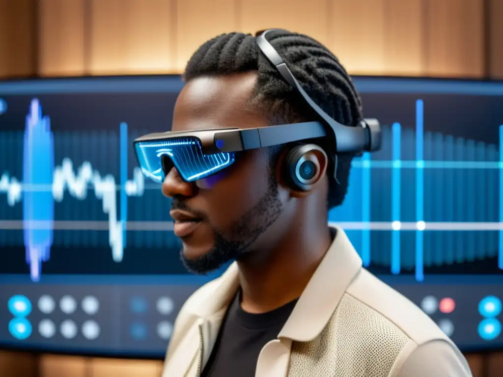 Persona concentrada usando gafas de realidad aumentada para entrenamiento auditivo avanzado en entorno virtual con ondas de sonido detalladas