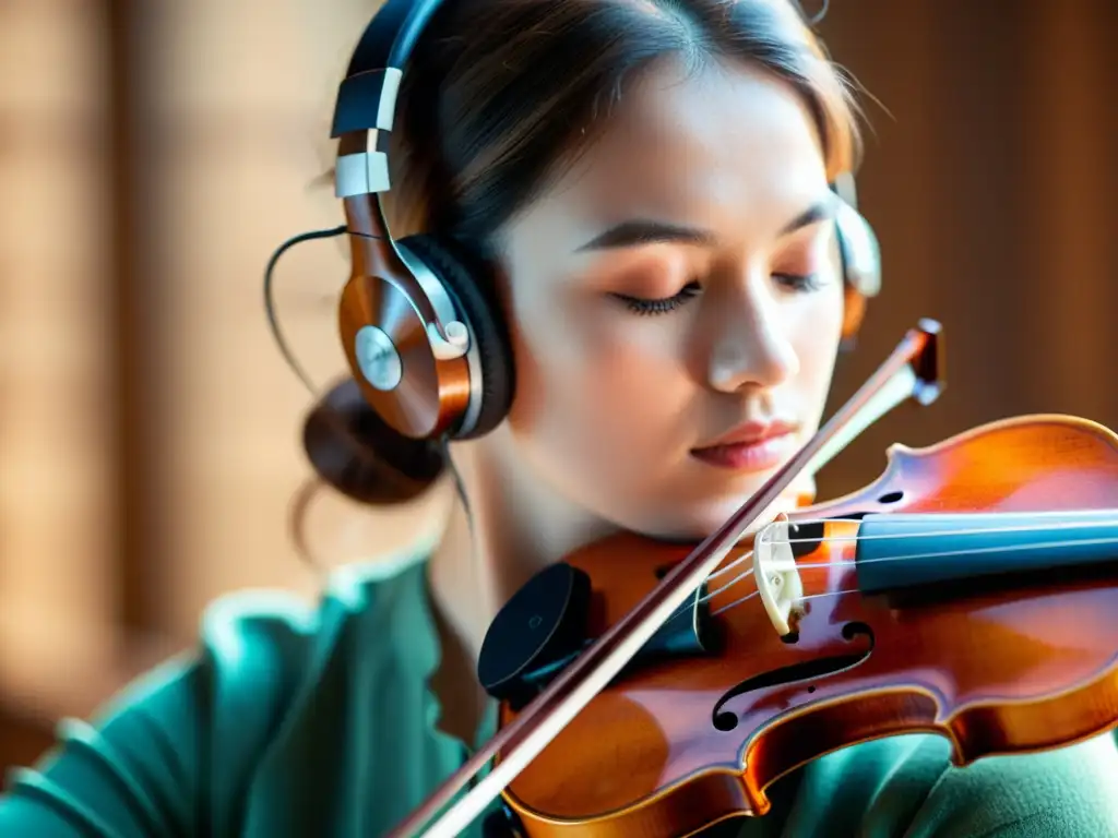 Persona concentrada tocando violín con auriculares 3D para una experiencia musical inmersiva