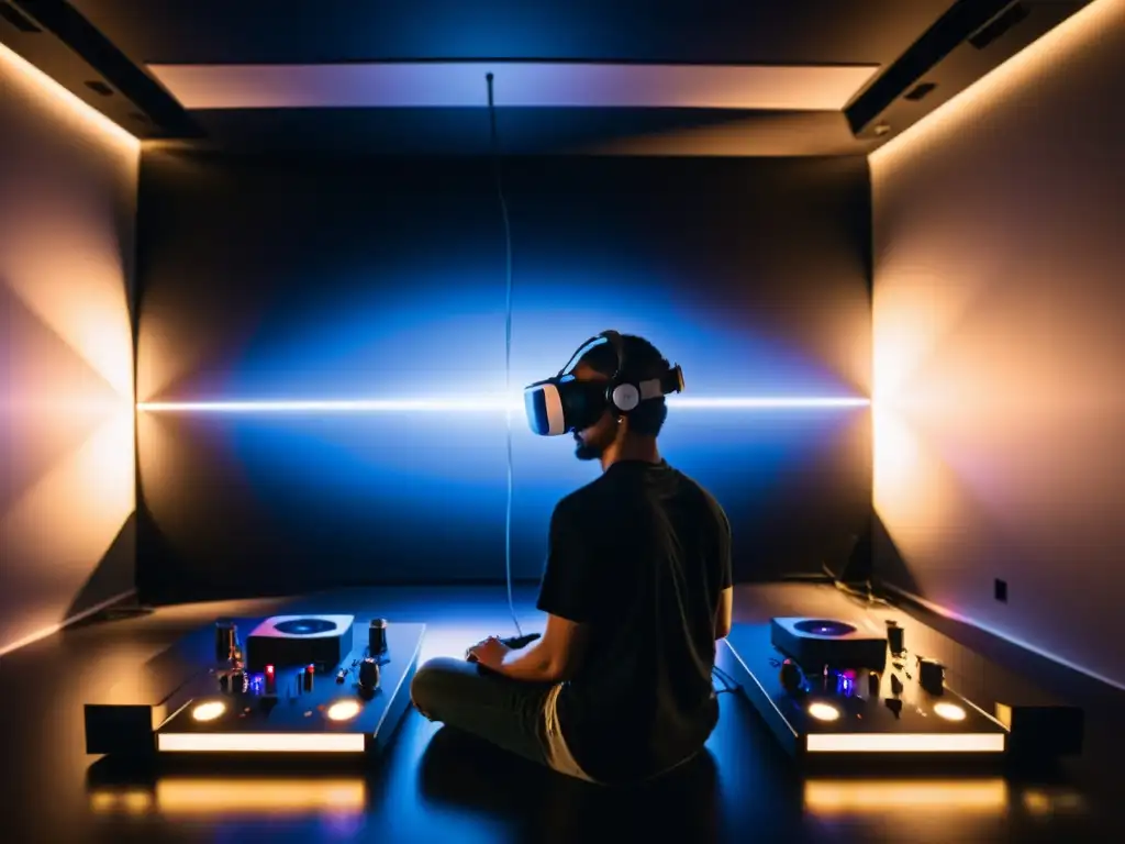 Persona concentradamente ajustando sonido en realidad virtual, rodeada de equipo de alta fidelidad en habitación tenue
