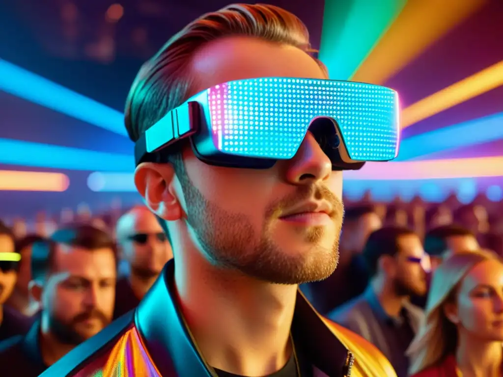 Persona en concierto con gafas de realidad aumentada, inmersa en la experiencia futurista y tecnológica, reflejando luces y hologramas del escenario