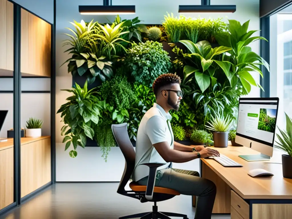 Persona trabajando en un espacio de oficina ecoamigable con diseño sostenible, destacando el impacto ambiental de instrumentos digitales