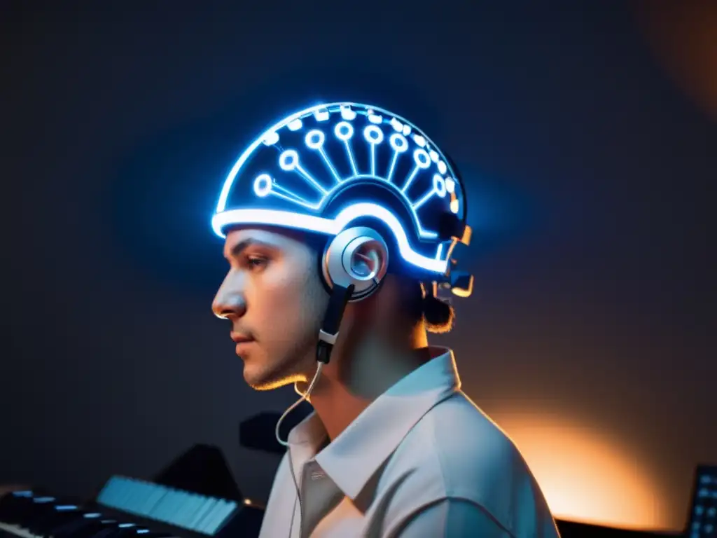 Persona usando gorro EEG controla instrumentos musicales con la mente en una habitación futurista y oscura