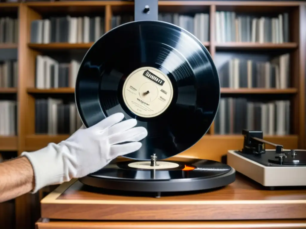 Persona con guantes blancos cuidadosamente manipulando un vinilo vintage en tocadiscos