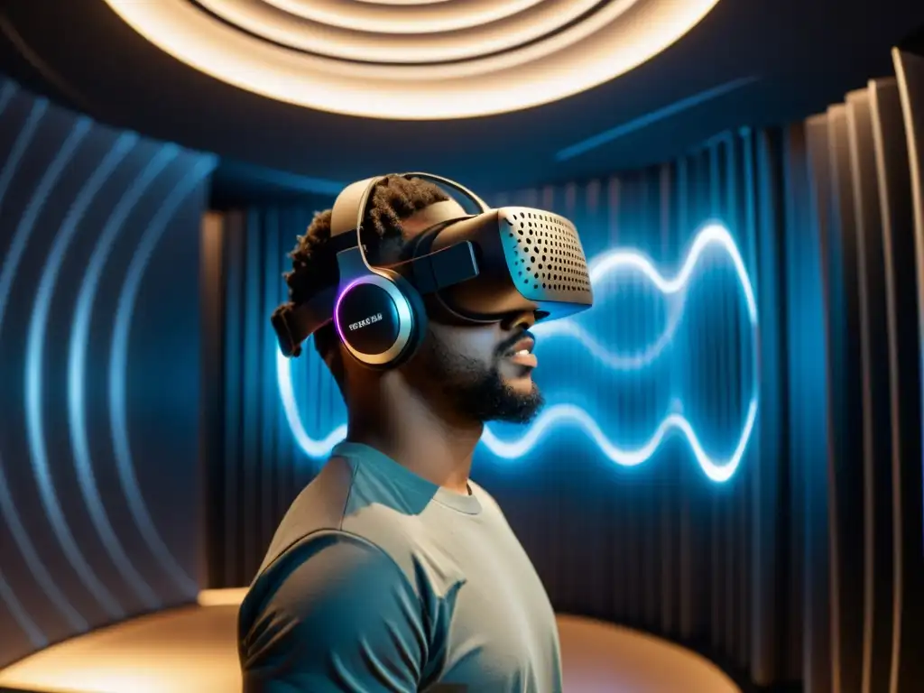 Persona ajustando un headset de realidad virtual en ambiente profesional con mediciones acústicas de alta fidelidad en segundo plano