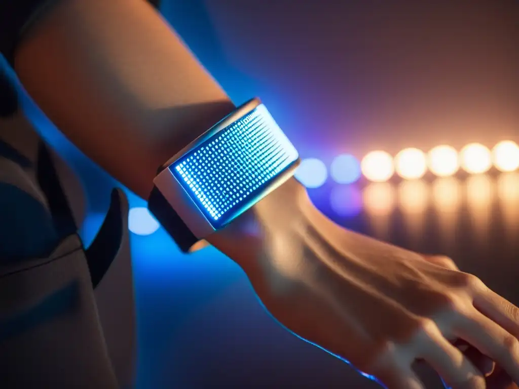 Persona inmersa en la tecnología wearable creando música, con luces LED y equipo de sonido de vanguardia en un estudio futurista