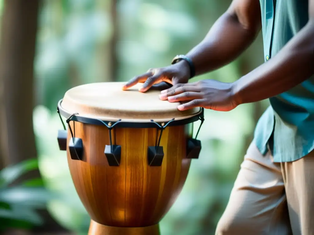 Persona tocando instrumentos de percusión en la naturaleza, expresión meditativa