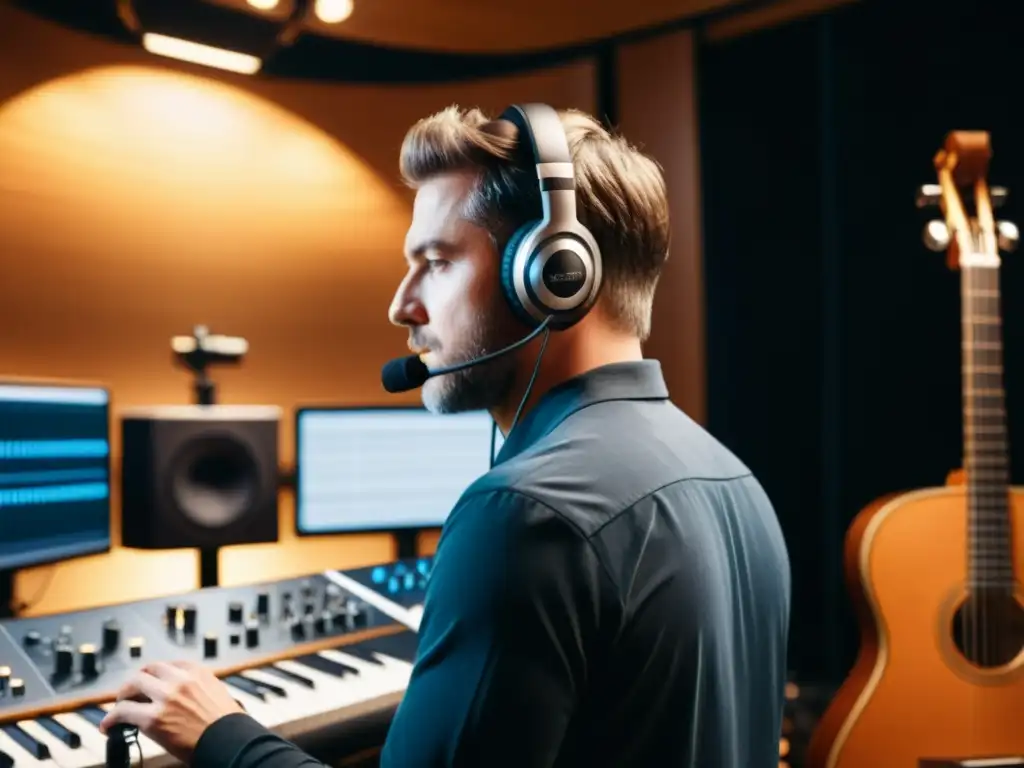 Persona ajustando micrófonos binaurales en estudio de música con instrumentos