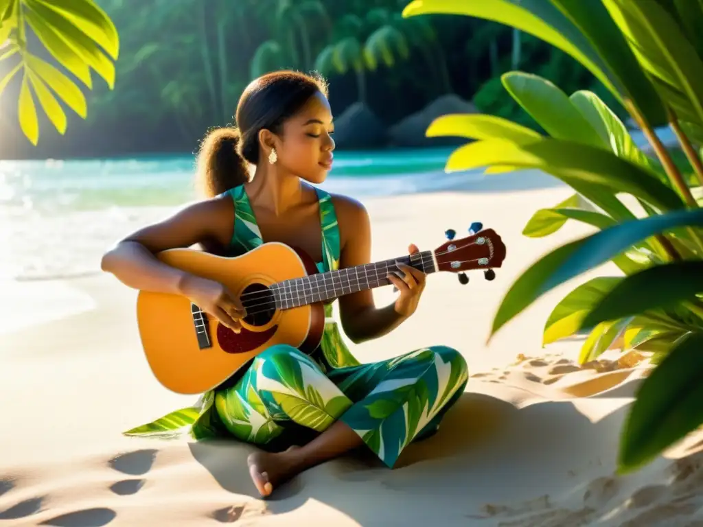 Persona relajada tocando el ukelele en una playa tropical, creando una atmósfera de improvisación tropical con ukelele