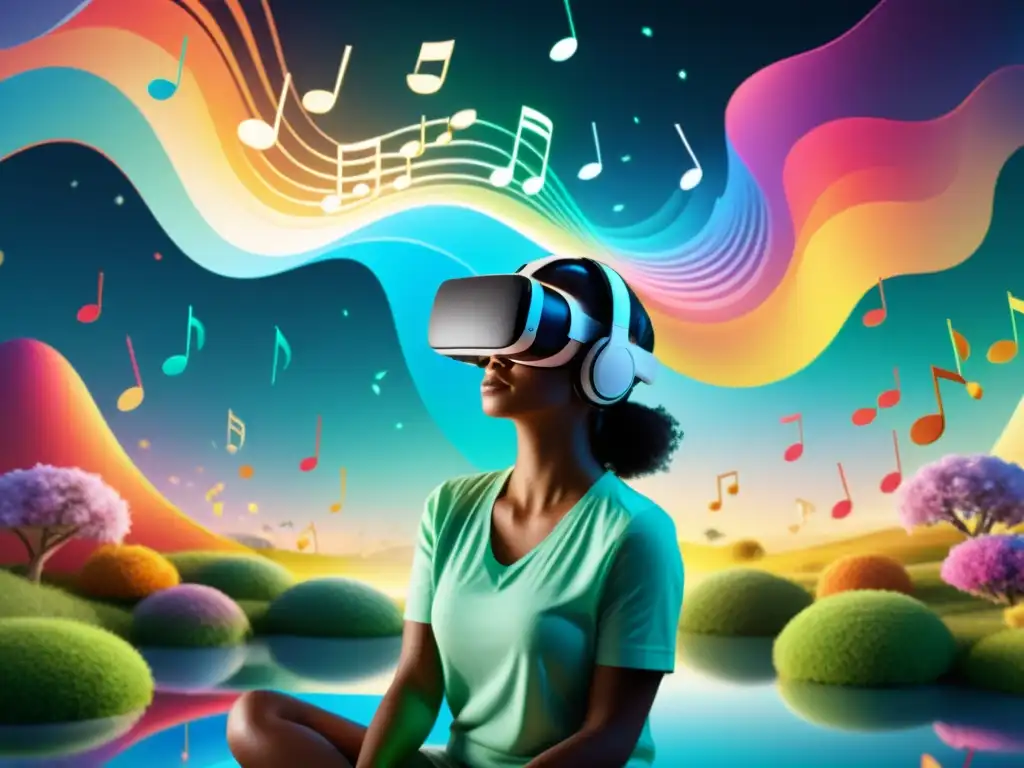 Persona disfrutando de terapia musical realidad virtual en entorno natural y colorido, con expresión serena y relajada