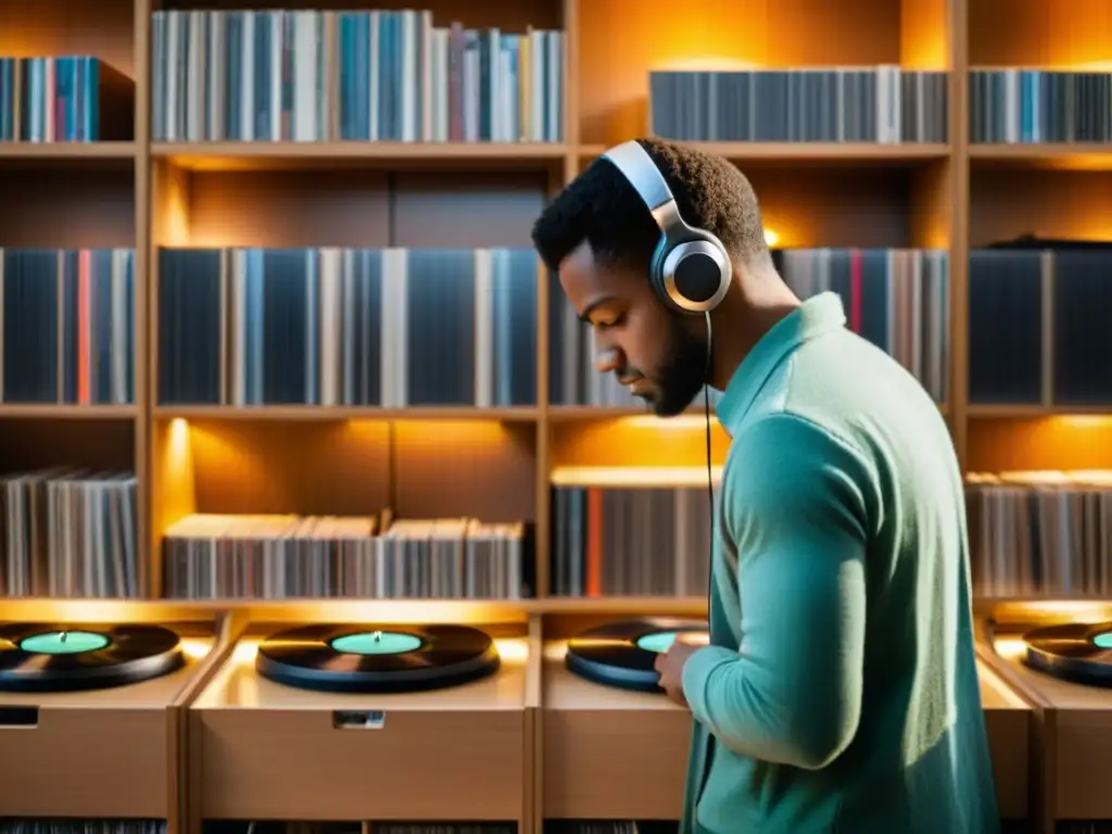 Persona seleccionando vinilo en biblioteca de sonido, evocando la importancia de bibliotecas de sonido en la exploración musical