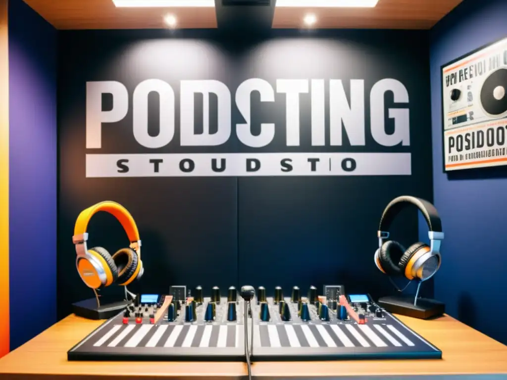 Dos personas apasionadas conversan en un estudio de podcasting profesional, rodeadas de equipos de audio, en un ambiente cálido y acogedor