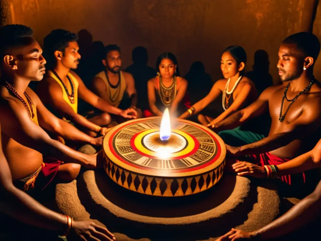 Personas reunidas en un ritual afroamericano, tocando con intensidad un tambor decorado en un espacio oscuro