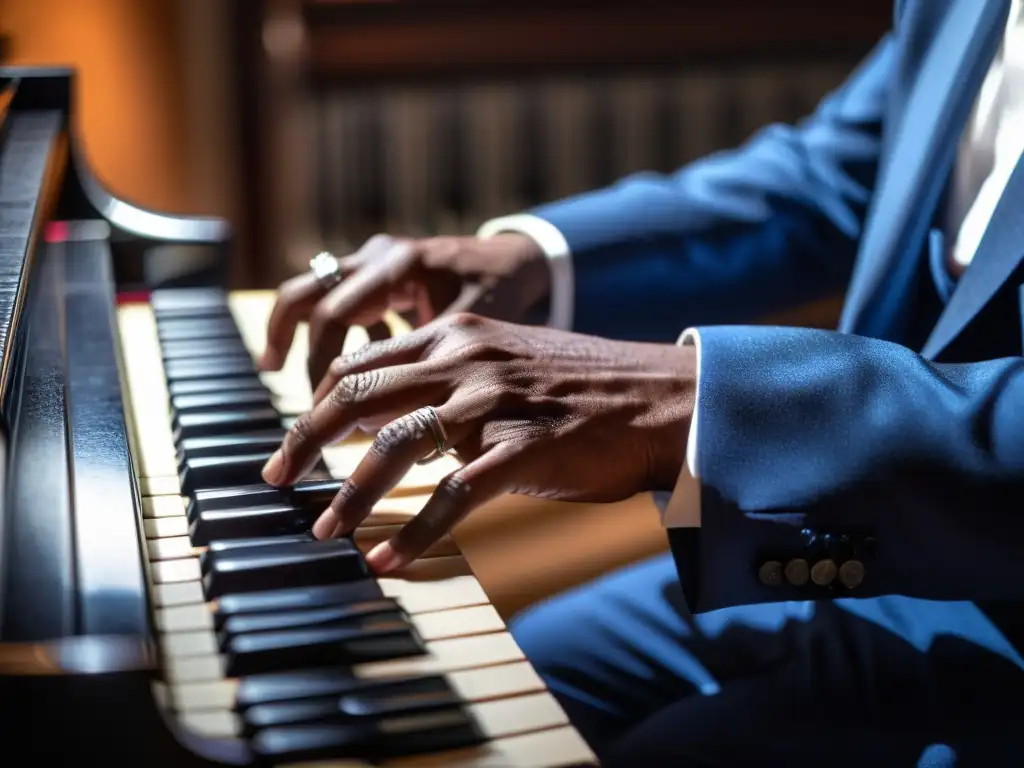 Un pianista de blues experimentado interpreta con pasión, mostrando el alma del blues a través de sus manos en el teclado