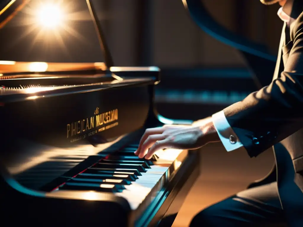 Un pianista clásico ejecuta una brillante improvisación en un escenario dramáticamente iluminado