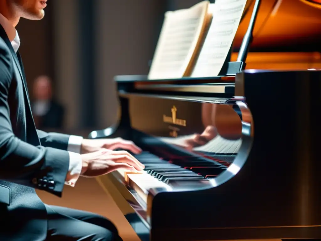 Un pianista clásico improvisando con intensidad en un concierto, transmitiendo pasión y destreza en la música clásica