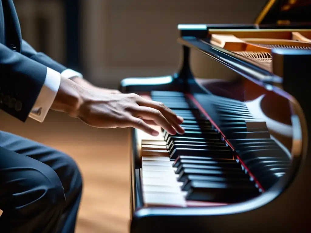 Un pianista clásico muestra maestría en la improvisación, con manos expresivas y mirada intensa, en un elegante concierto con público atento