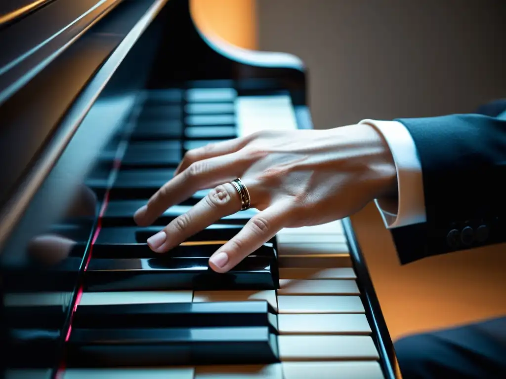 Un pianista ejecutando con destreza técnicas de mano izquierda en el teclado del piano, transmitiendo habilidad y precisión