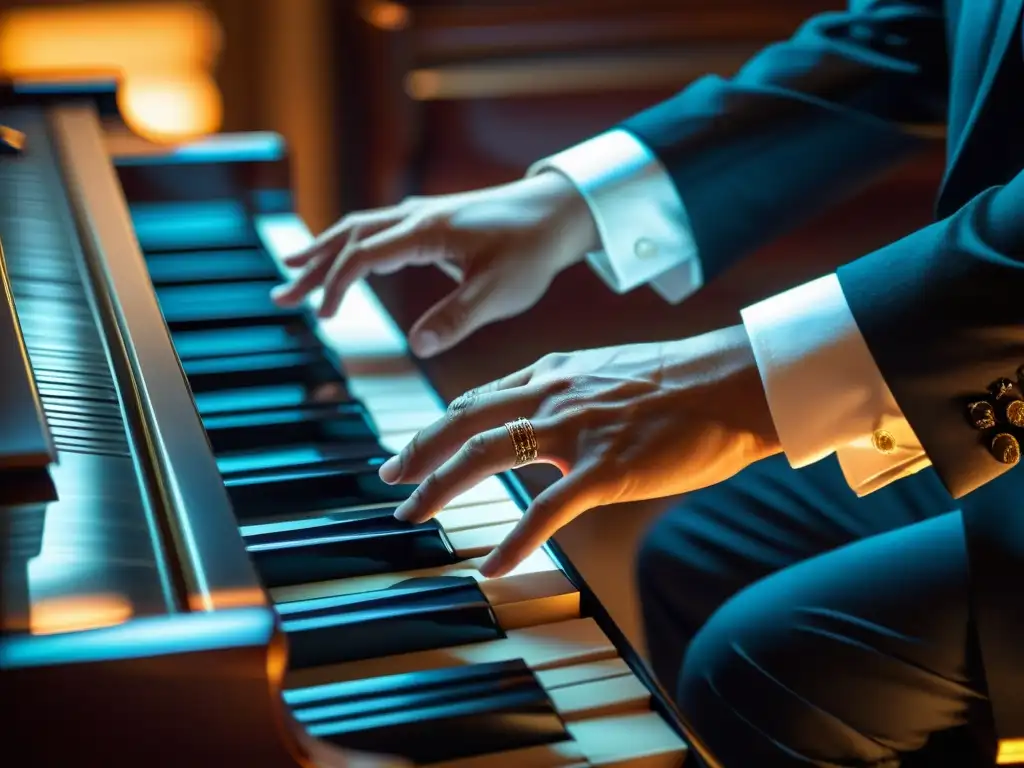 Un pianista ejecuta con elegancia las técnicas de teclado en música de cámara, creando hermosa música en un piano de cola