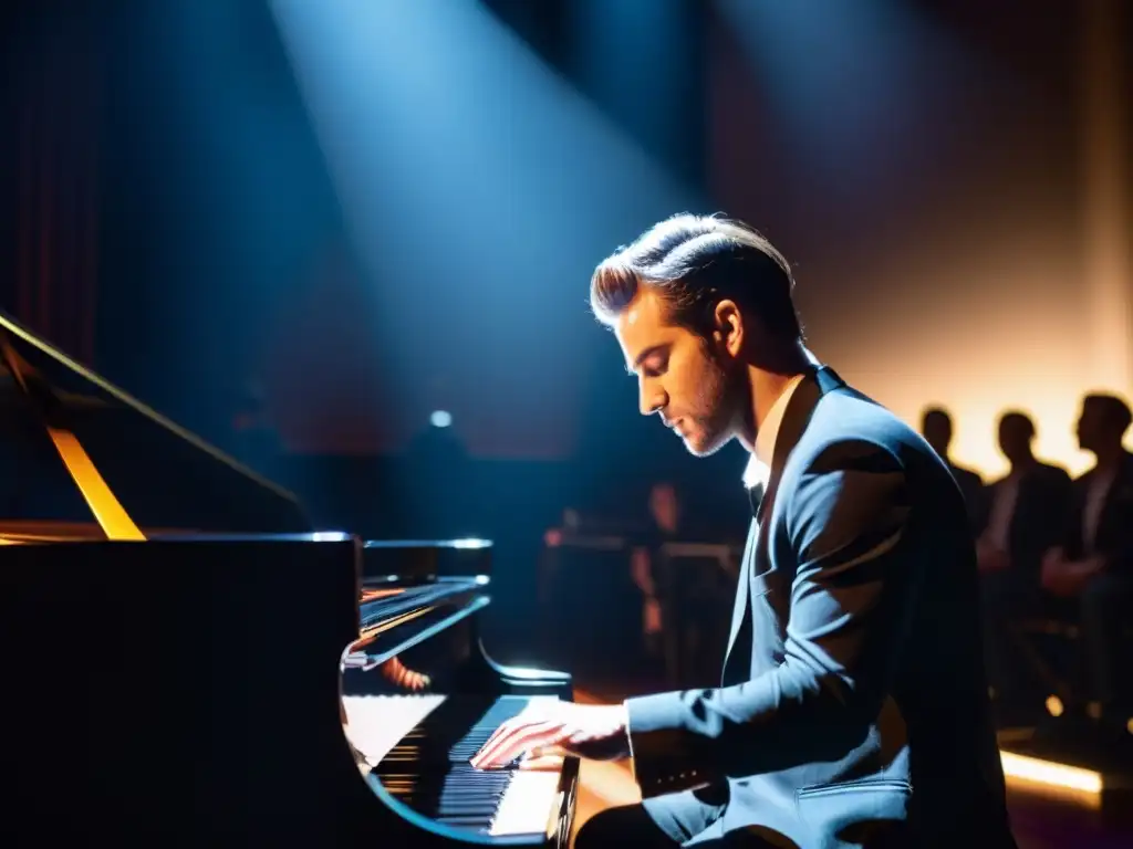 Un pianista improvisa con pasión en un escenario, cautivando al público con sus melodías