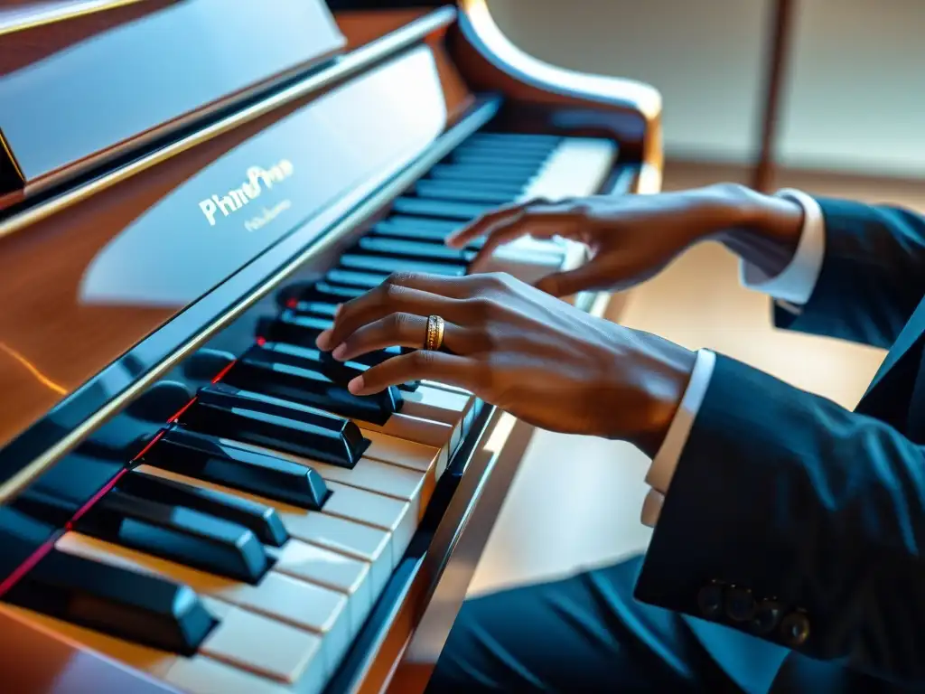 Un pianista experto tocando con gracia un piano digital moderno, fusionando tecnología en el aprendizaje de piano con elegancia contemporánea