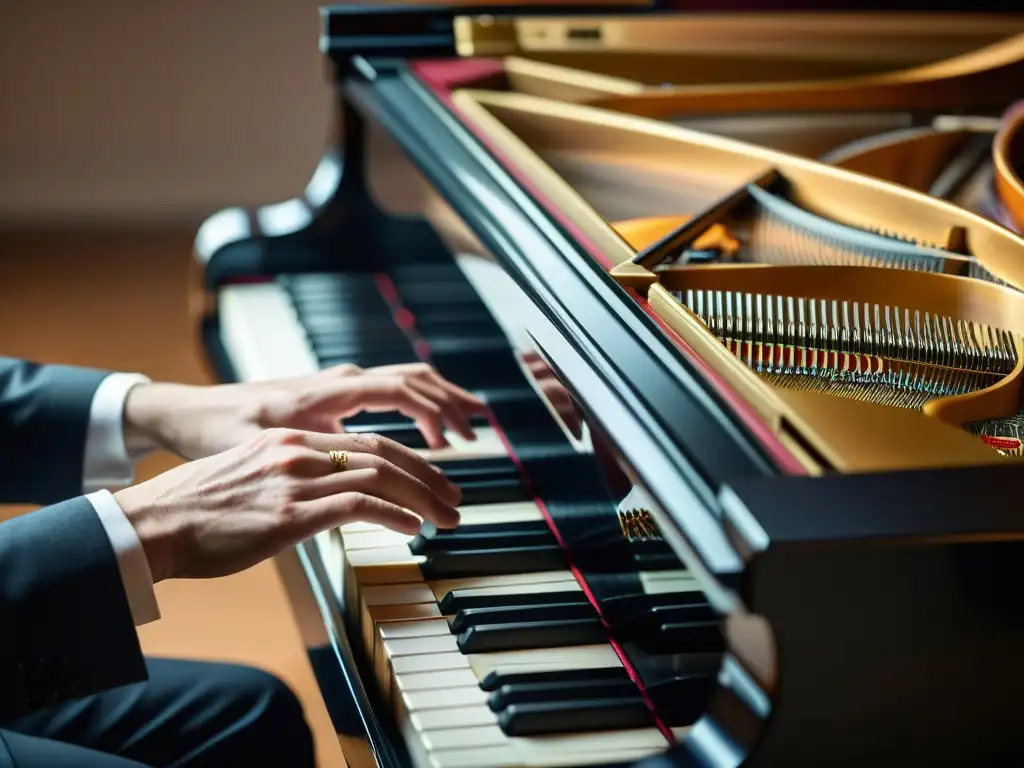 Un pianista experto tocando con gracia un piano de cola, mostrando equilibrio, fidelidad y carácter en su interpretación musical
