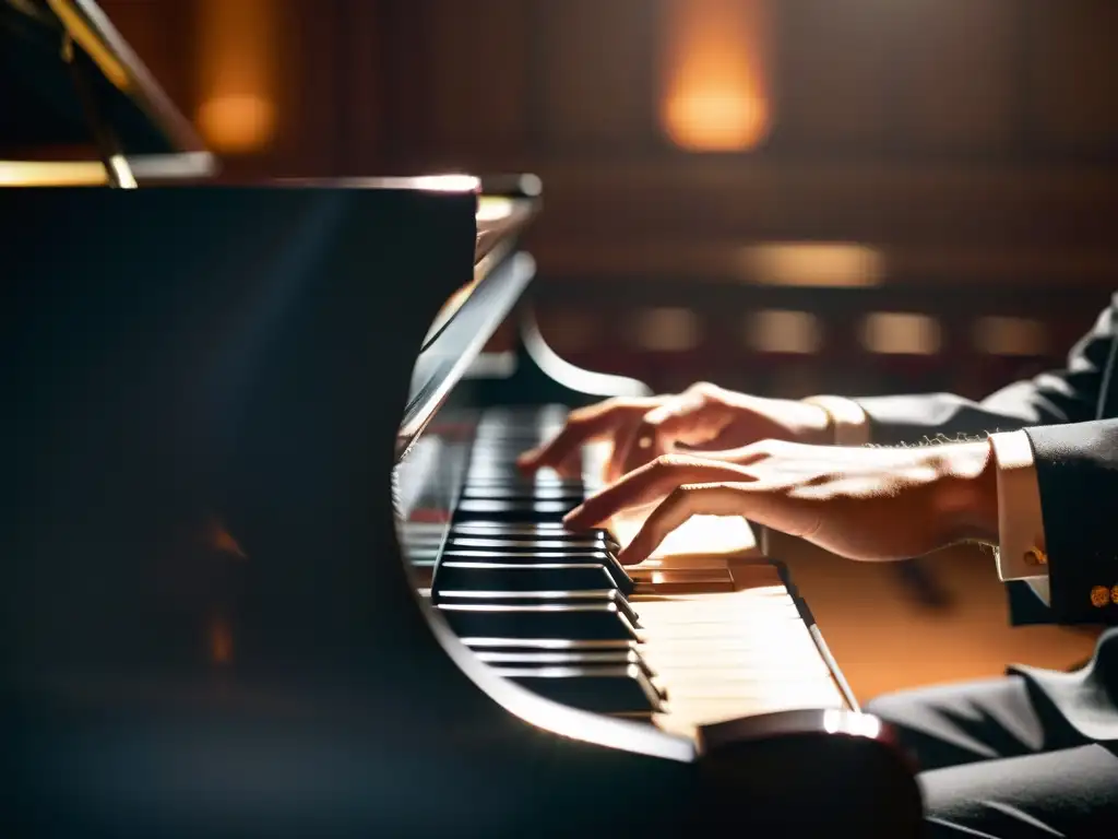 Un pianista experto toca un grandioso piano en un auditorio iluminado, cautivando a la audiencia en los Festivales de Piano Internacionales