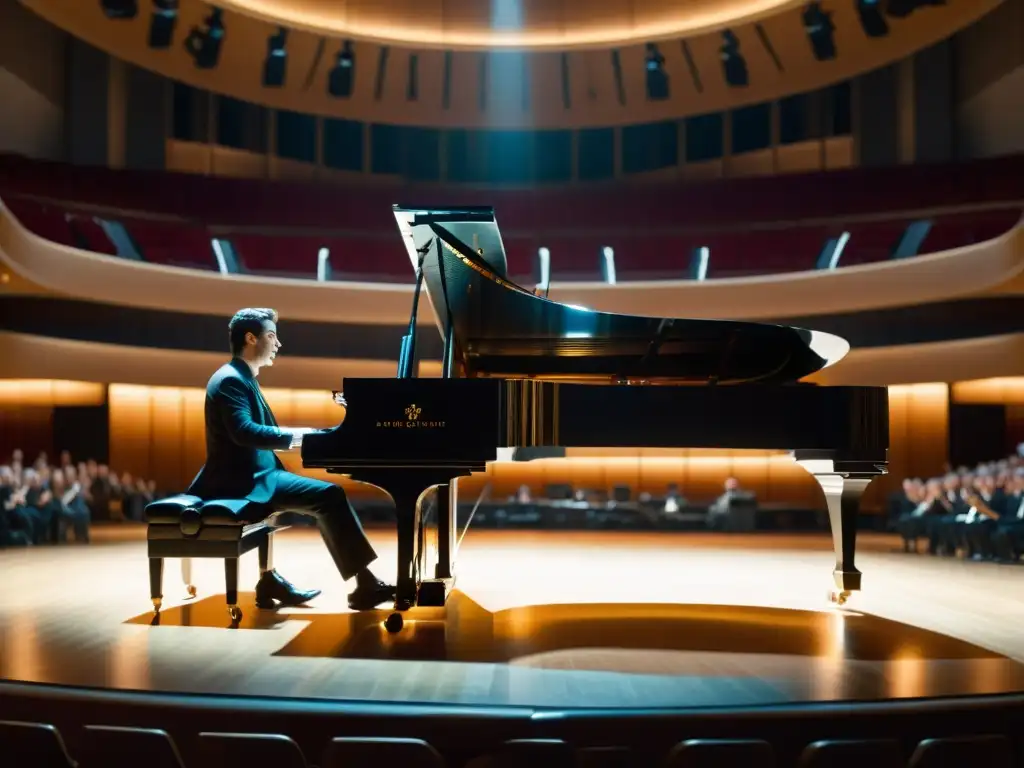 Un pianista experto toca un imponente piano de cola en un prestigioso auditorio, mostrando la evolución de instrumentos de teclado