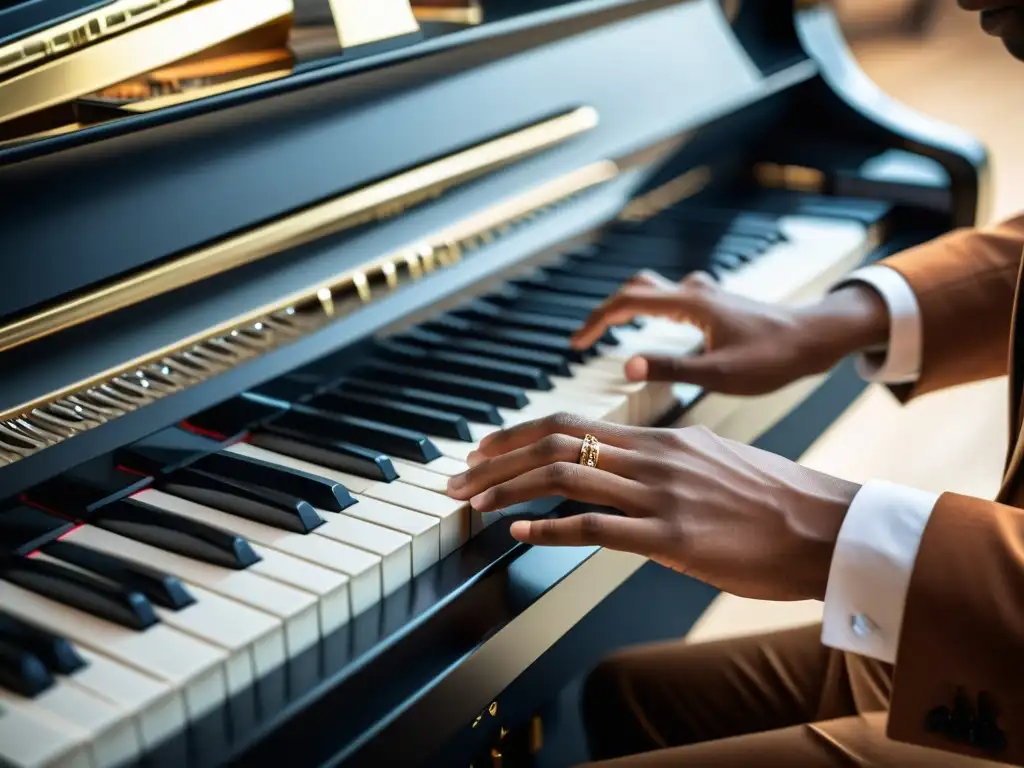 Un pianista experto desliza grácilmente sus manos sobre las teclas de un piano digital