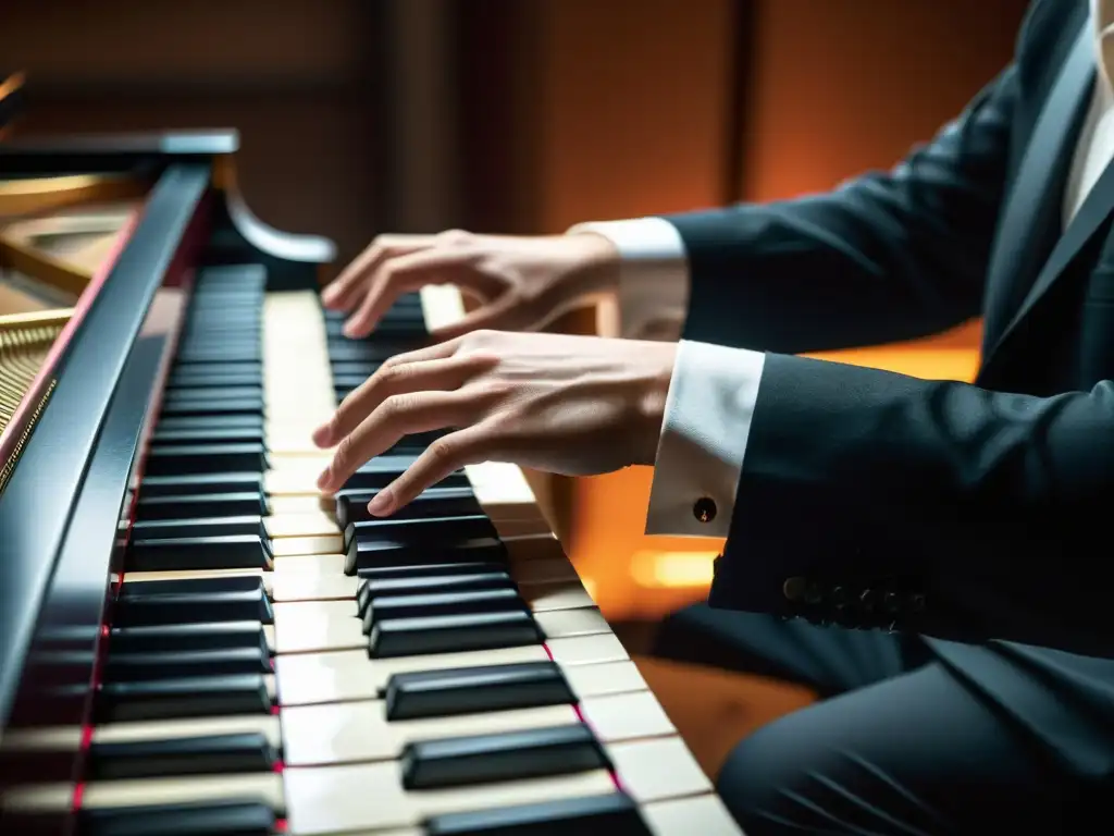 Un pianista experto improvisando con pasión en un hermoso piano de cola