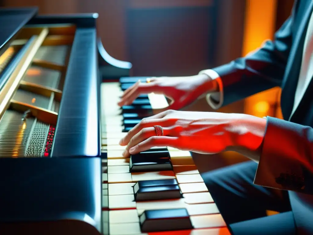 Un pianista experto tocando con pasión en un piano de cola, con la teoría musical era streaming aprendizaje en mente