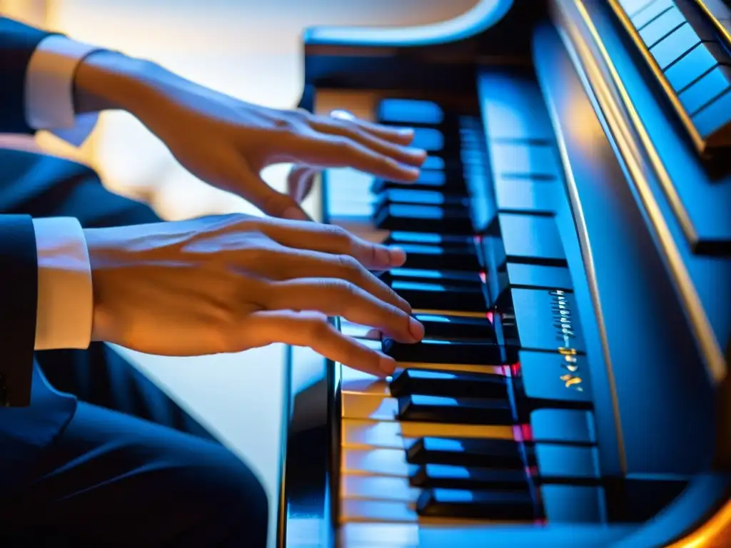 Un pianista experto ejecuta patrones rítmicos complejos en el teclado, mostrando destreza y pasión musical