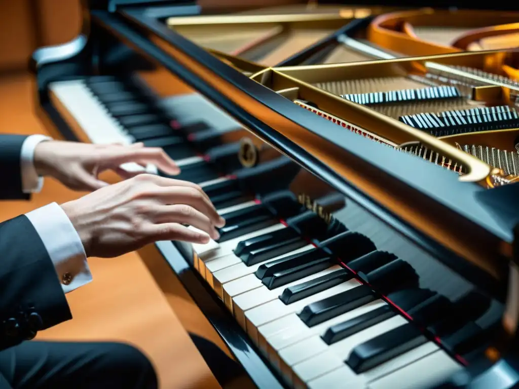 Un pianista experto toca con pasión un piano de cola, transmitiendo emoción y destreza