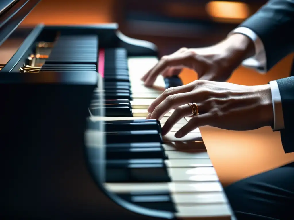 Un pianista experto ejecuta una pieza clásica con gracia en un teclado moderno, mostrando técnicas clásicas en un entorno contemporáneo