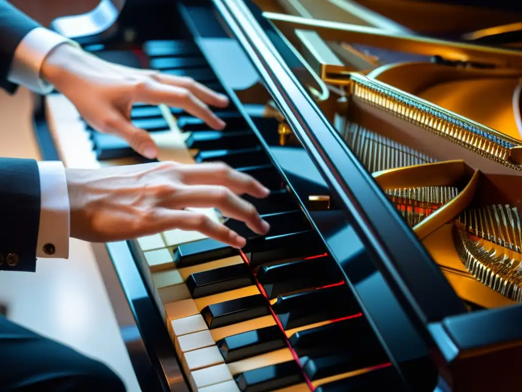 Un pianista experto ejecuta la Técnica del Glissando en Teclado con elegancia, creando una impresionante obra de arte musical en movimiento