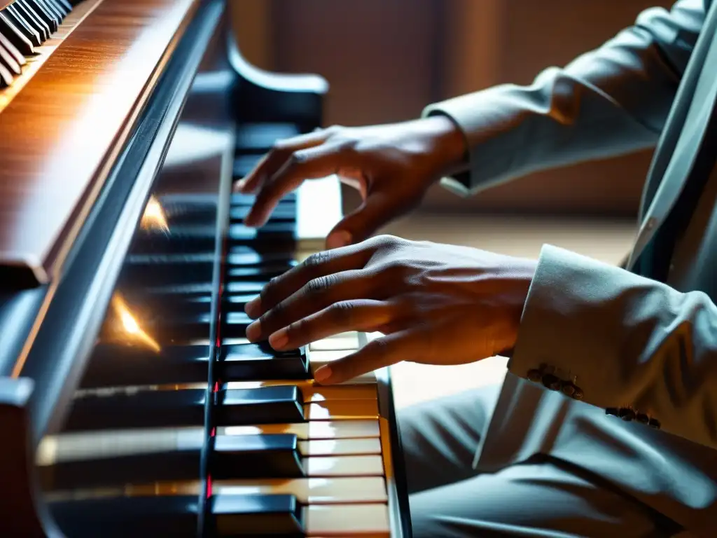 Un pianista experto ejecuta técnicas de acompañamiento en teclado con destreza y pasión, iluminado por una cálida luz ambiental