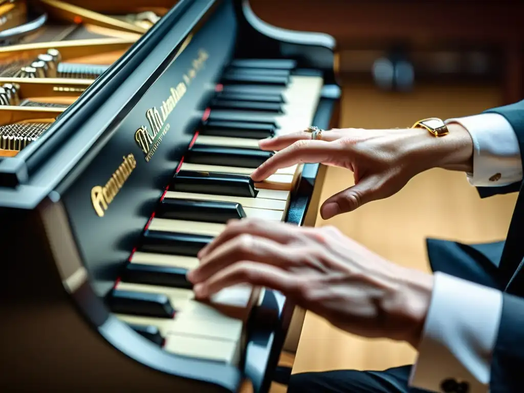 Un pianista experto demuestra técnicas avanzadas para dominar el teclado, con manos arqueadas sobre las teclas en intensa concentración