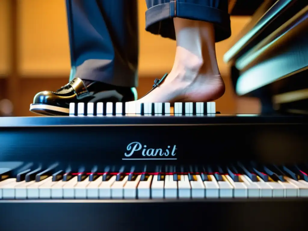 Pianista experto demostrando el uso correcto de los pedales del piano, resaltando su precisión y técnica