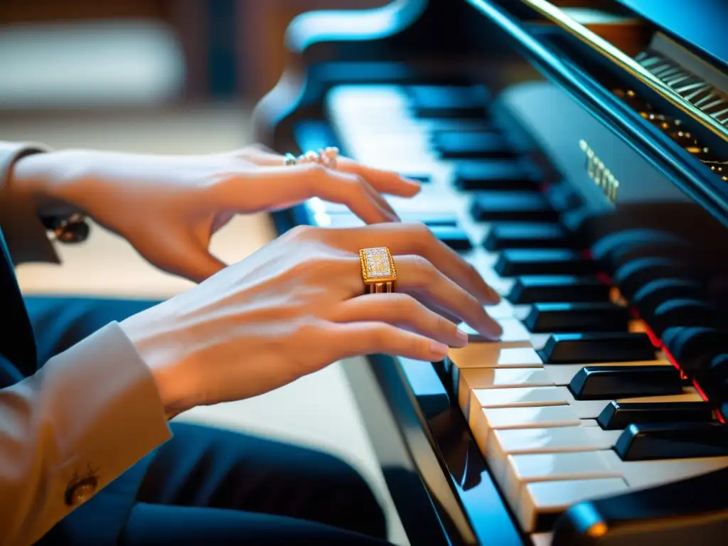 Un pianista toca con gracia construcciones progresiones acordes teclado en un ambiente íntimo y concentrado